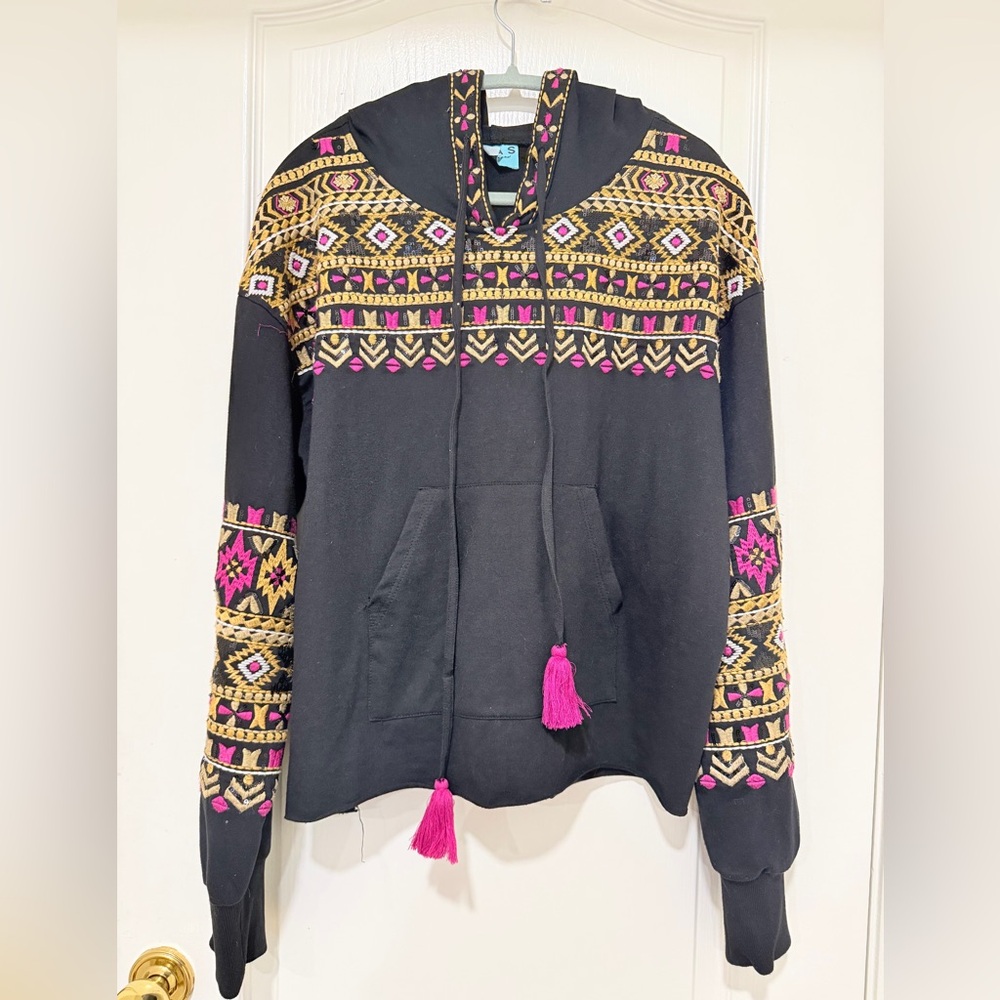 KAS New York Black Purple Aztec Embroidered Hoodie Sweatshirt Size Small Boho